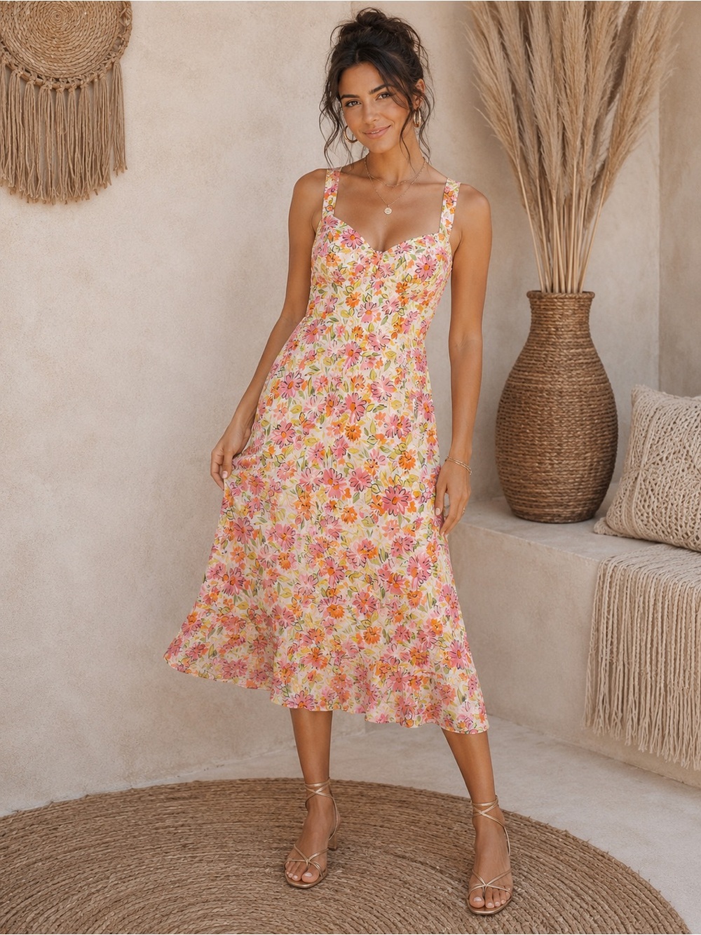 🌸Karin Stevens Floral Dress Pink & Orange Print size8 Cottagecore summer resort